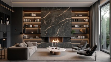 Wall Mural - modern luxury elegance living area with nice library book shelf style home library beautiful home ideas decorative comfortable and stylish hom interior creative background