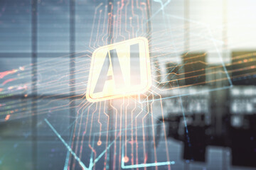 Aufkleber - Double exposure of creative artificial Intelligence icon on a modern meeting room background. Neural networks and machine learning concept