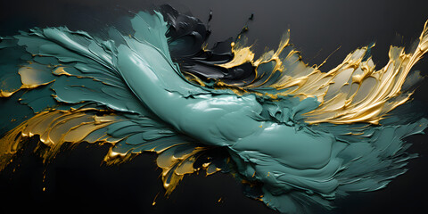 Wall Mural - Green, Black and Gold Oil Paint Splashes on Dark Background