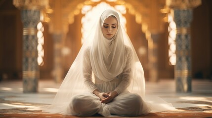 Wall Mural - A woman in a white dress, sitting in a mosque and praying
