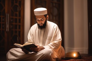 Wall Mural - A Man Reading the Quran in a Mosque at Night