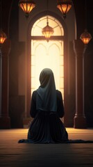 Wall Mural - A Muslim woman in a hijab praying in a mosque