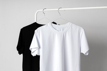 Poster - Black and white T-shirts hanging against white background studio shot