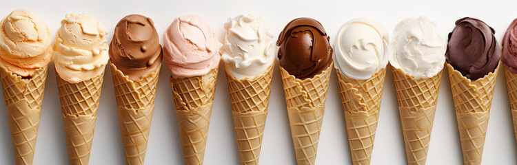 Row of delicious chocolate, cream, coffee, caramel, vanilla, hazelnut and truffle ice creams in cones. Banner of ice cream scoops of various flavors on white background. Generative AI.	