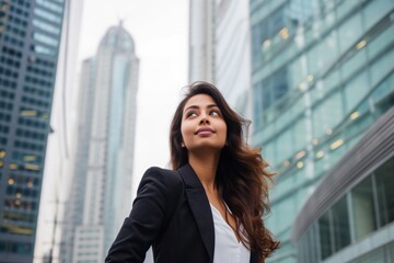 A young Indian businesswoman stands in an urban setting and thinks of business opportunities.