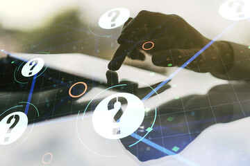 Aufkleber - Double exposure of question mark hologram and finger clicks on a digital tablet on background. Sociology and psychology concept