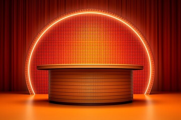 modern presentation stage enveloped in a warm neon glow, creating an inviting atmosphere for events 