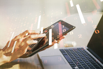 Poster - Double exposure of abstract creative financial diagram with finger clicks on a digital tablet on background, banking and accounting concept