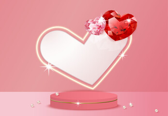 Wall Mural - Heart shaped gems and display stand on pink background, suitable for Valentine's Day, Mother's Day, sales