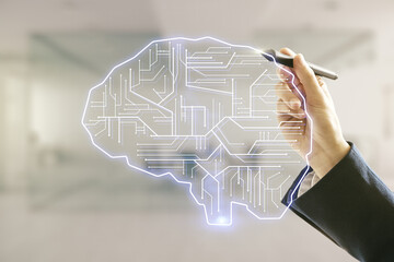 Poster - Man hand with pen working with virtual creative artificial Intelligence hologram with human brain sketch on blurred office background. Double exposure