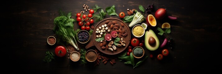 Wall Mural - Food background. Vegetables, fruits and nuts on table.