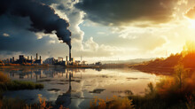 Illustration Of The Negative Impact Of A Manufacturing Factory In A Large City. Environmental Problems Of Air Pollution. The Effect Of Global Warming. Outdoor Industrial Background.