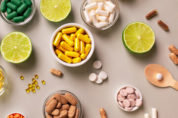 Wall Mural - Vitamins in pill form and natural vitamins in foods such as lime. Colored tablets and pills, meds and natural vitamins. Vitamin C.