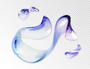 Poster - Abstract liquid glass transparent ribbon. Realistic vector illustration of blue and purple spectrum holographic floating wave shape. Iridescent dynamic curve translucent design element flowing in air.
