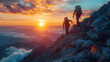 Two climbers ascend a steep rocky mountain, illuminated by the warm glow of a vibrant sunrise above a sea of clouds.
