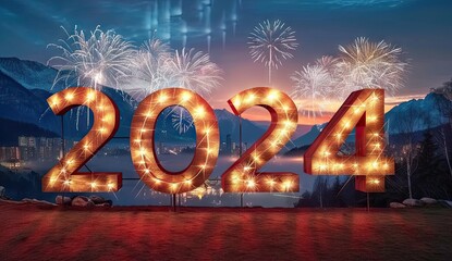 Poster - Happy 2024 celebration with bright fireworks and glittering lights. New Year festival with colorful sparkles and golden banner design. Festive backdrop for holiday parties featuring shiny