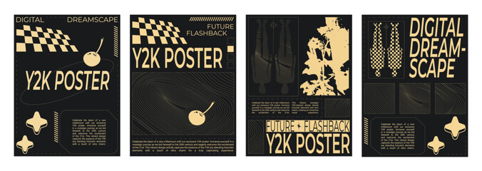 Fototapete - Retrowave aesthetic flyers set. Vector realistic illustration of y2k vibe posters with yellow cherry, human body, star icons on black background, retro futuristic art banners, data frames collage