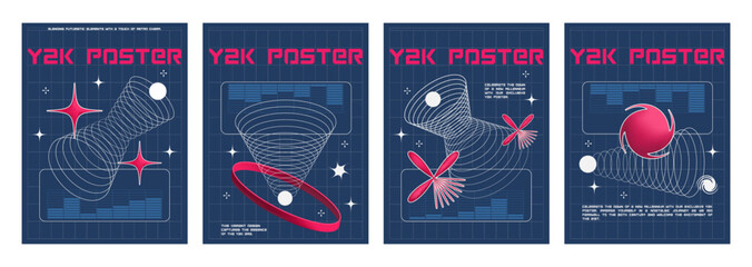 Poster - poster design layout in y2k style with grid geometric shape and icon. vector set of banner or cover 