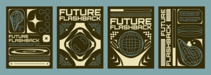 Fototapete - Retro futuristic vibe flyers set. Vector realistic illustration of y2k aesthetic techno banners, retrowave style poster with yellow wireframe globe, abstract geometric lines on black background