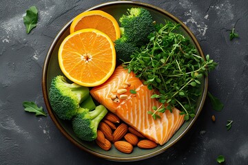 Wall Mural - Fresh salmon fillet with lemon and herbs healthy seafood meal. Delicious grilled salmon steak on plate with green vegetables and pepper. Gourmet dining with raw and cooked perfect for restaurant