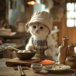 Funny cat cook cooking in the kitchen, Scottish Fold kitten wearing apron chef's hat, cooking. Anthropomorphic portrait of a pet animal cat.