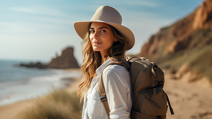 Poster - Beautiful woman on vacation to a tropical beach wearing a straw hat.