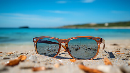 Poster - Sunglasses on the beach by the tropical sea on a warm sunny day. Summer vacation concept.