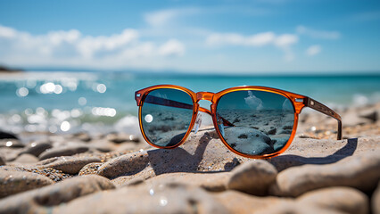 Wall Mural - Sunglasses on the beach by the tropical sea on a warm sunny day. Summer vacation concept.