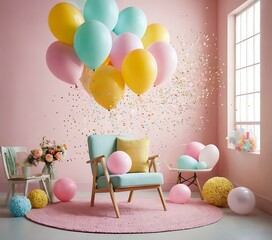 A bright, playful setting filled with pastel colors and whimsical elements like balloons or confetti