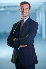 Aufkleber - Portrait, smile and business man with confidence for pride in corporate career in office. Face, arms crossed and happy professional lawyer, attorney and employee in a suit at a company in Australia