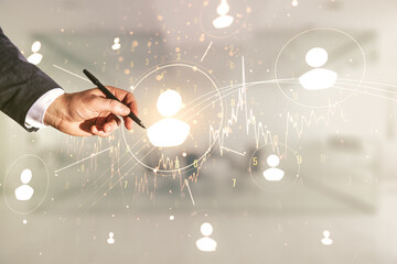 Aufkleber - Double exposure of businessman hand with pen working with social network icons on blurred office background. Networking concept