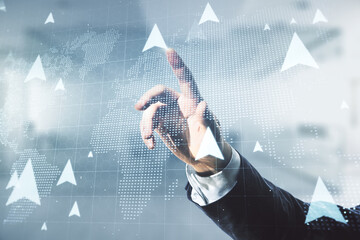 Poster - Double exposure of male hand presses on abstract virtual world map with pins hologram on blurred office background. Geolocation tracking and transportation concept