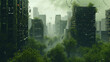 A hauntingly beautiful 3D rendered scene showcasing a dystopian city hauntingly reclaimed by lush vegetation and towering trees. Nature triumphs over concrete in this captivating image.