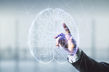 Poster - Double exposure of man hand presses on creative artificial Intelligence interface on blurred office background. Neural networks and machine learning concept
