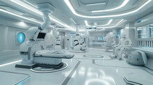 A cutting-edge medical facility of the future, showcasing state-of-the-art equipment and intelligent robots seamlessly working alongside skilled doctors. This realistic 3D render captures th