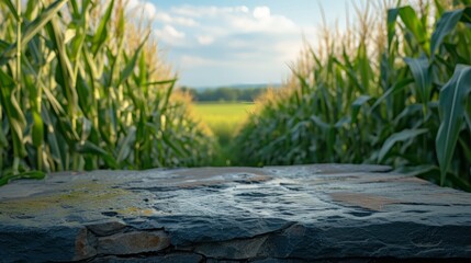  A polished stone table overlooking lush green fields on a bright day
