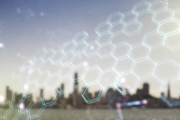 Poster - Abstract virtual wireless technology hologram with hexagon on blurry skyline background. Big data and database concept. Multiexposure
