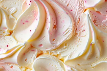 Wall Mural - Close-up texture of swirled pink and white ice cream with colorful sprinkles, suitable for food backgrounds.