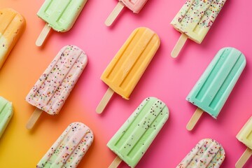 Wall Mural - Colorful popsicles arranged on a pastel yellow and pink background.