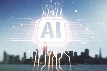 Aufkleber - Abstract virtual artificial Intelligence symbol hologram on San Francisco skyline background. Multiexposure