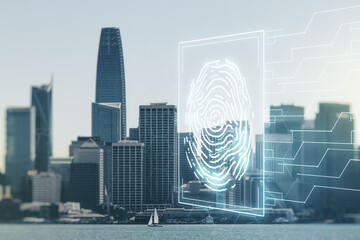 Aufkleber - Multi exposure of virtual creative fingerprint hologram on San Francisco skyscrapers background, personal biometric data concept