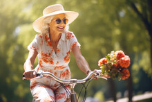 
Photo Of An Elegant Elderly Woman In A Chic Summer Dress And Sunhat, Riding A Vintage Bicycle In A Park