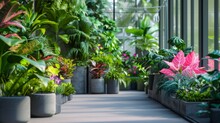 Plants In A Green Home, Mixing Rare Colors, Eco-care. Plants In Eco-greenhouses Show Off Colors And Save Water.