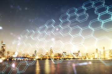 Poster - Double exposure of abstract virtual technology hologram with hexagon on Chicago city skyscrapers background. Research and development software concept