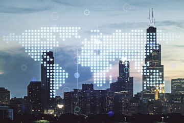 Poster - Abstract creative world map interface on Chicago skyline background, international trading concept. Multiexposure