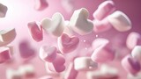 Sweet white and pink heart marshmallows falling gracefully, a delightful confectionery scene, Ai Generated.