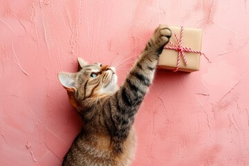 Wall Mural - A brown cat with a gift box on a pink background.