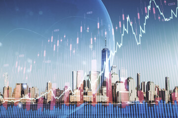 Poster - Multi exposure of virtual creative financial graph and world map on New York city skyline background, forex and investment concept
