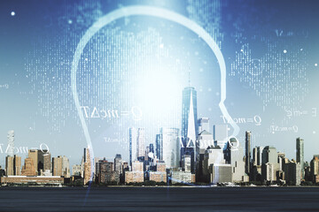 Poster - Abstract virtual artificial Intelligence interface with human head hologram on New York city skyline background. Multiexposure