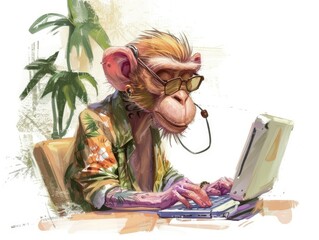 Wall Mural - A comical cartoon-style monkey,  imitating a busy office worker